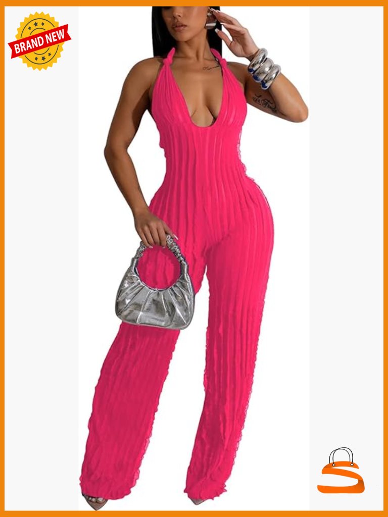 Sexy Halter Wide Leg Jumpsuit V Neck Tie Knot Boho Romper